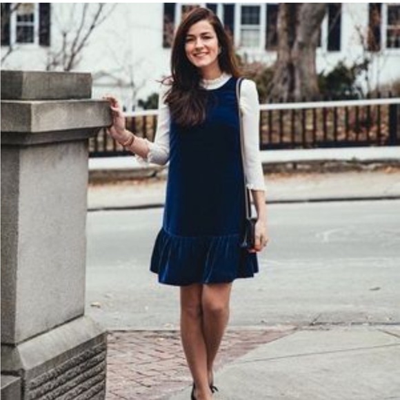 J Crew Deep Navy Blue Velvet Ruffle Hem Dress - Picture 1 of 6